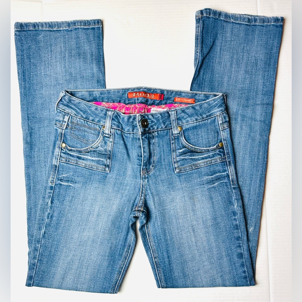 MUDD Jeans Juniors 5 Blue High Waist Flx Stretch Denim Fade Y2K‎ Embroidered